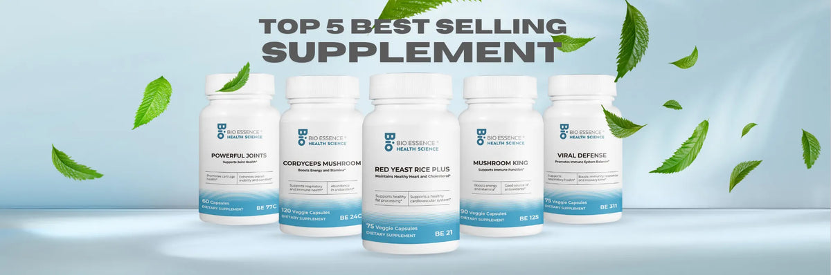 Top 5 best selling supplements with green leaves on a light blue background